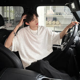 Hearujoy White O-neck Pleated Stripe T-shirt for Men Vintage Large Size Breathable Soft Short Sleeved T-shirt Summer Loose Casual Tops